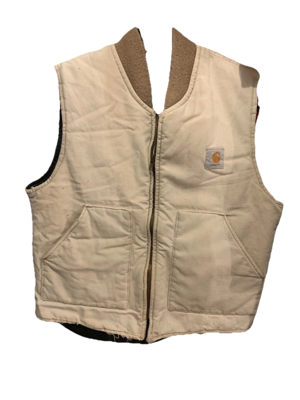 Vintage VQ186 Carhartt Canvas Work Vest Tan Brown Quilted Lined Size Large USA